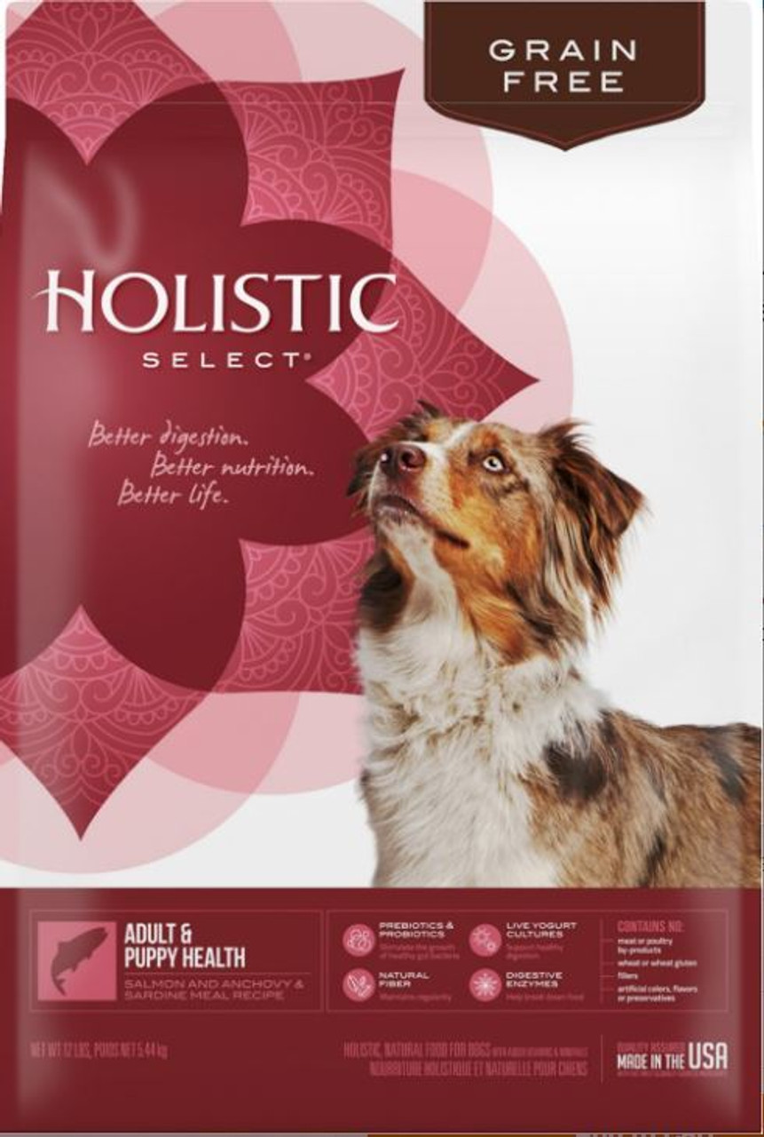 Holistic Select Adult and Puppy Health Salmon， Anchovy and Sardine Meal Recipe Grain-Free Dry Dog Food， 12 Lbs.