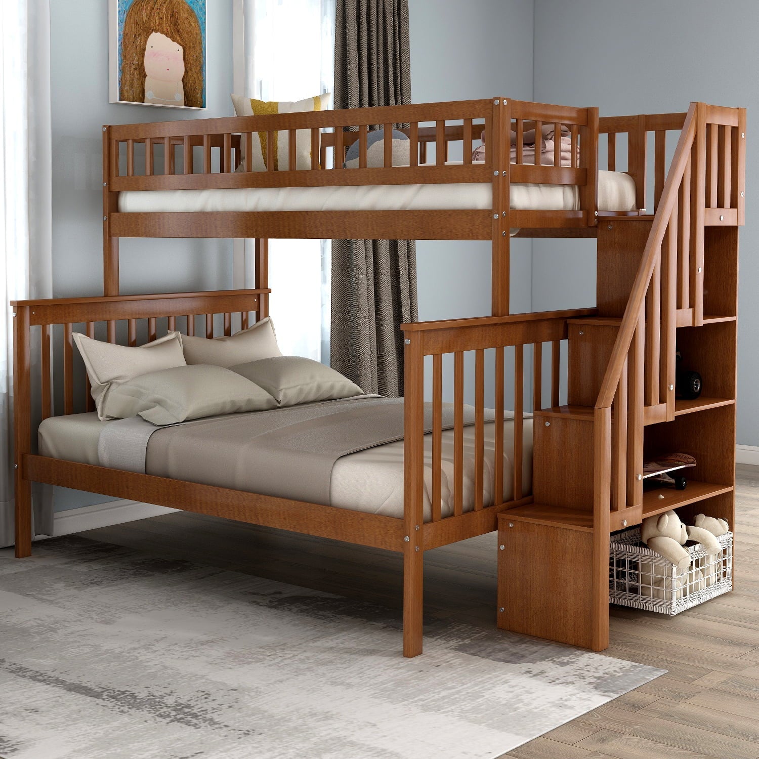 EUROCO Twin over Full Bunk Bed with Stairs and Storage for Kids, Multiple Colors