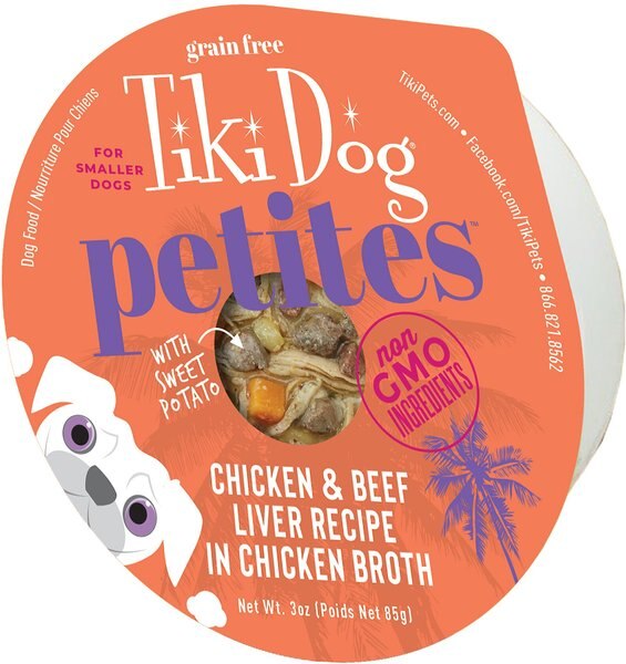 Tiki Dog Aloha Petites Chicken and Beef Liver Recipe in Chicken Broth Wet Dog Food， 3-oz cup， case of 4