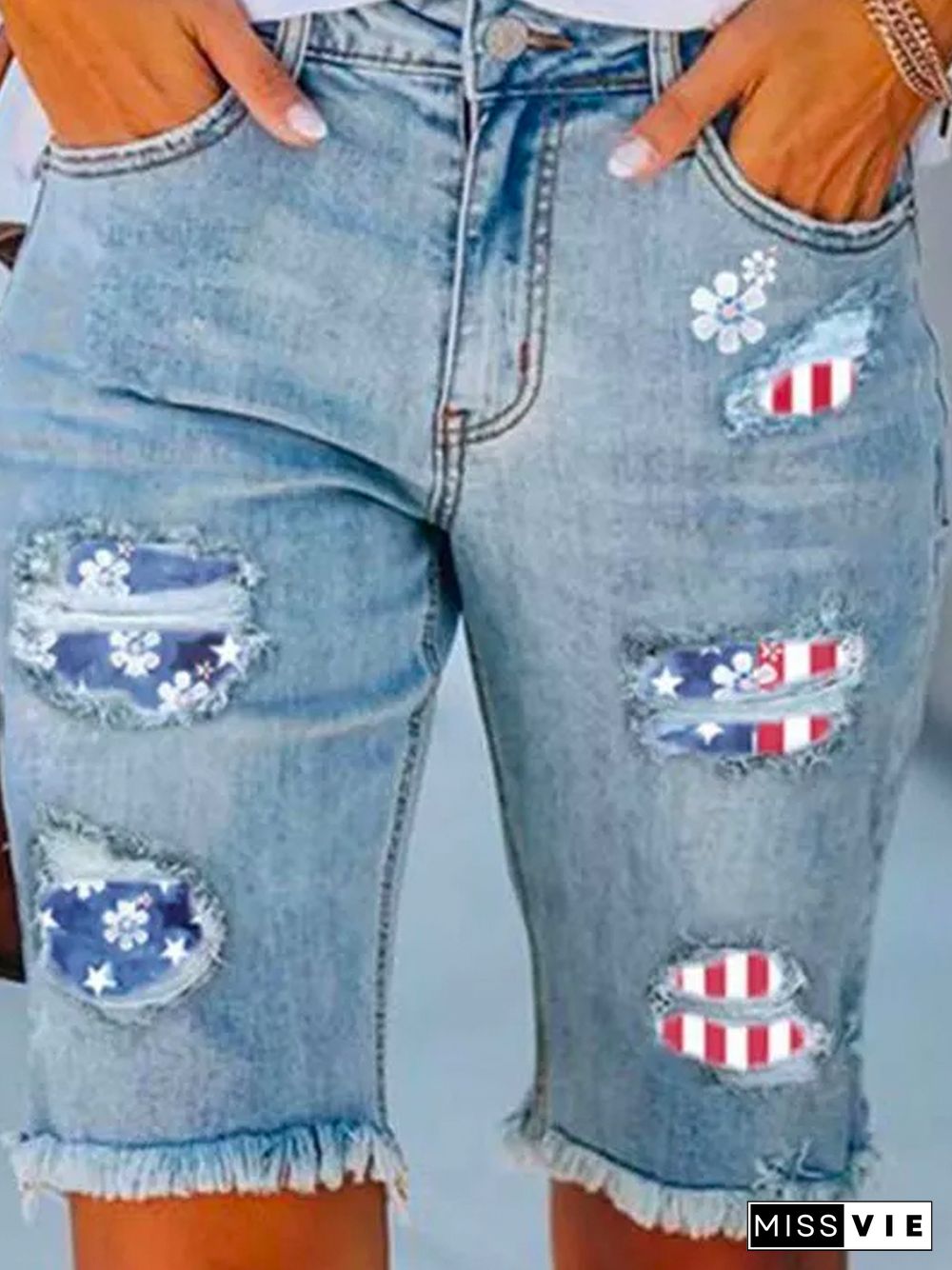 Floral Flag Printed Casual Denim Jeans