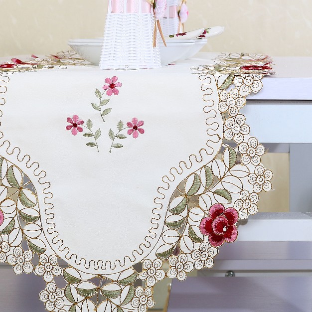 Piccocasa Flowers Dining Table Runner Embroidered Tassel Floral Lace 15x59 Inches Red Rose