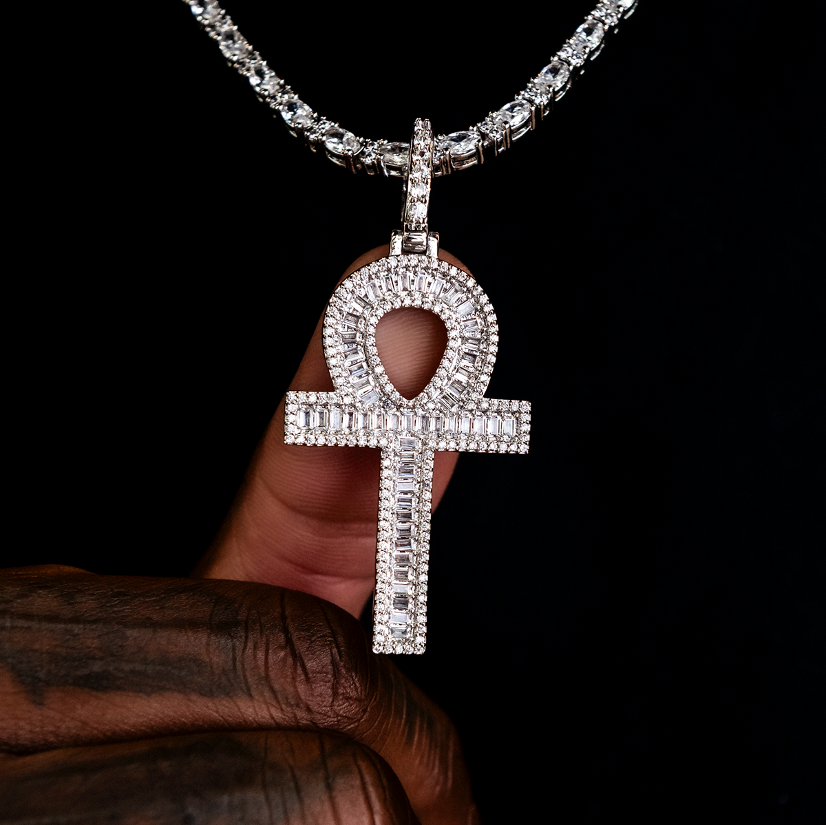 Diamond Baguette Ankh Cross Pendant in White Gold