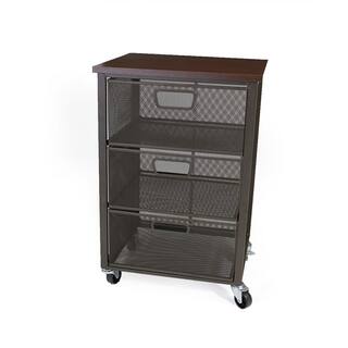 Mind Reader 3 Tier Metal Mesh Mobile Cart in Black with Brown Top 3TMESHC-BLK