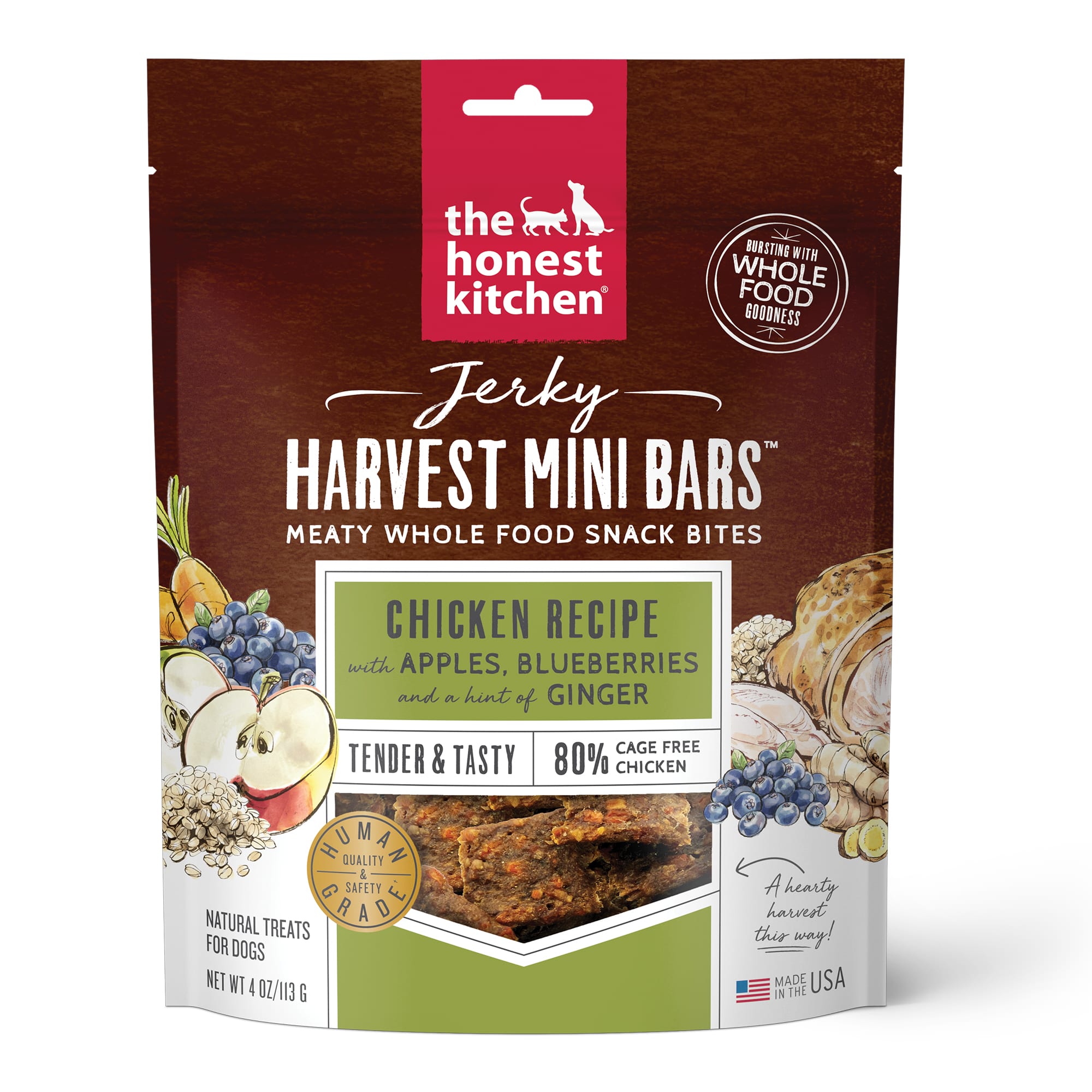 The Honest Kitchen Jerky Harvest Mini Bars: Chicken Recipe With Apples  Blueberries Dog Treats， 4 oz.