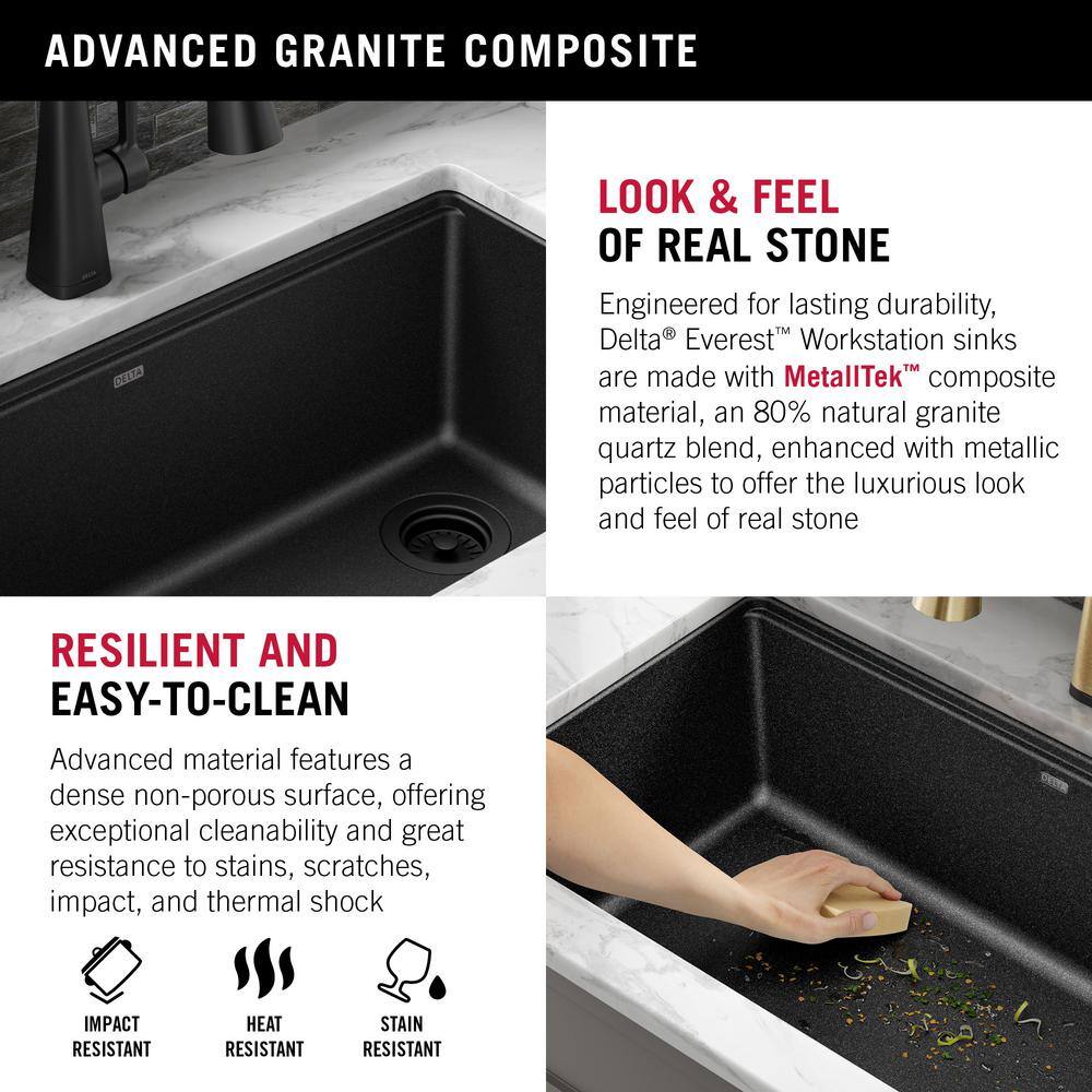 Delta Everest Metallic Black Granite Composite 29 in. Single Bowl Undermount Workstation Kitchen Sink with Accessories 75B933-30S-BL