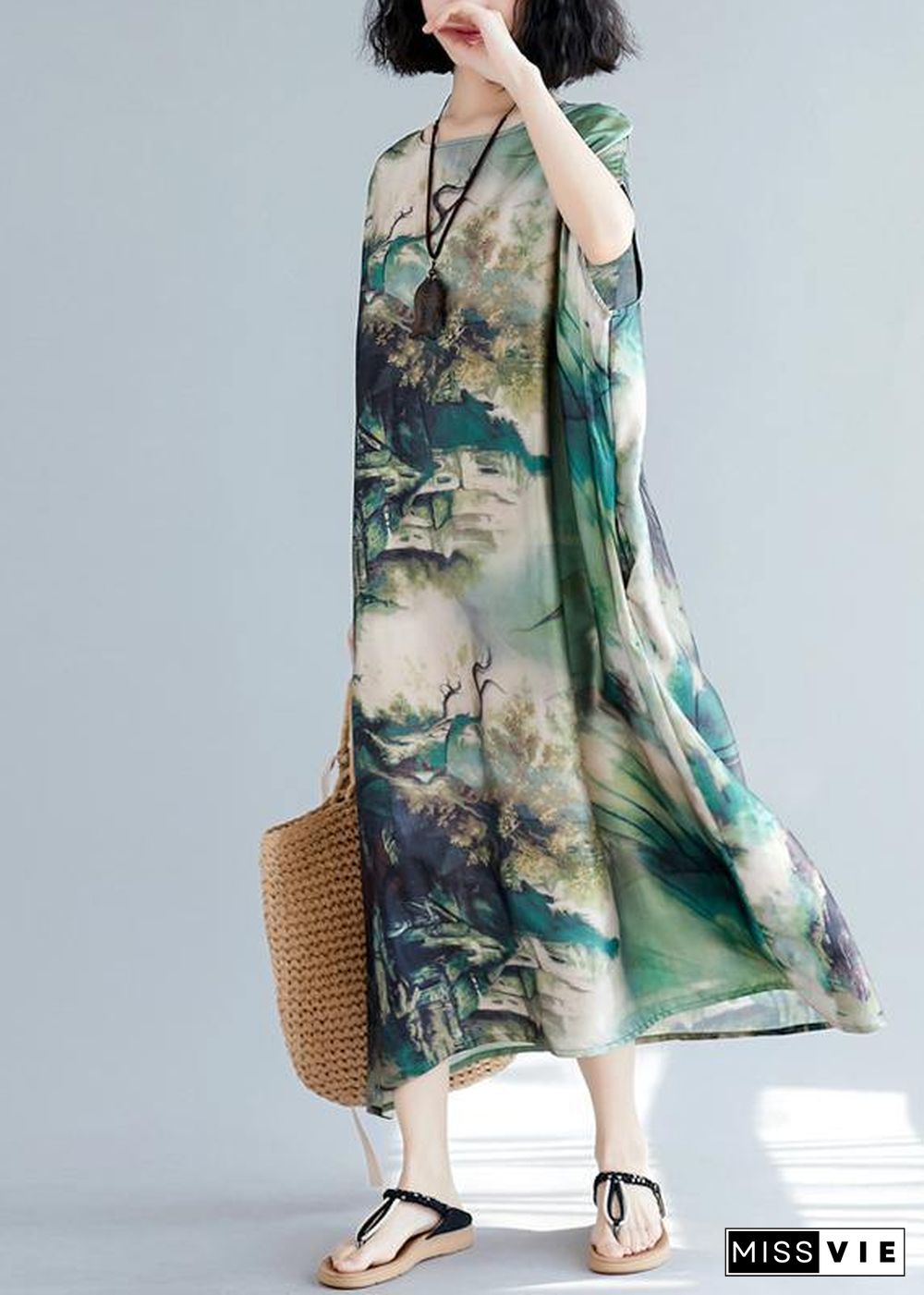 French O Neck Baggy Summer Wardrobes Lnspiration Green Print Robes Dresses