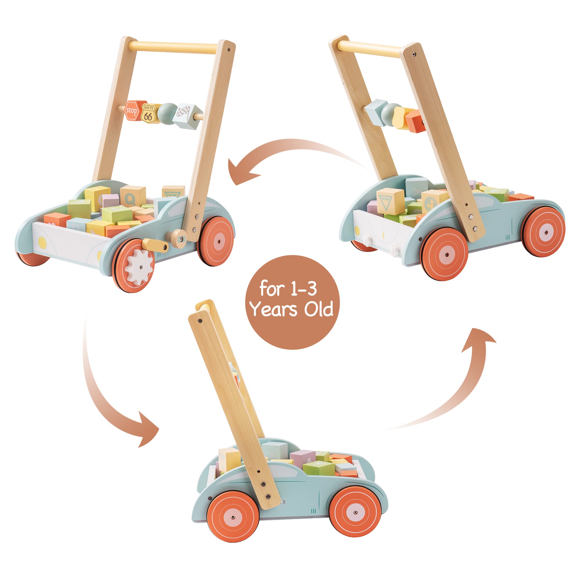 Robud Wooden Baby Walkers Push Toys for Baby Girls Boys 10 Month +， Adjustable Speed Push and Pull Learning Walker Activity Toys for Toddler