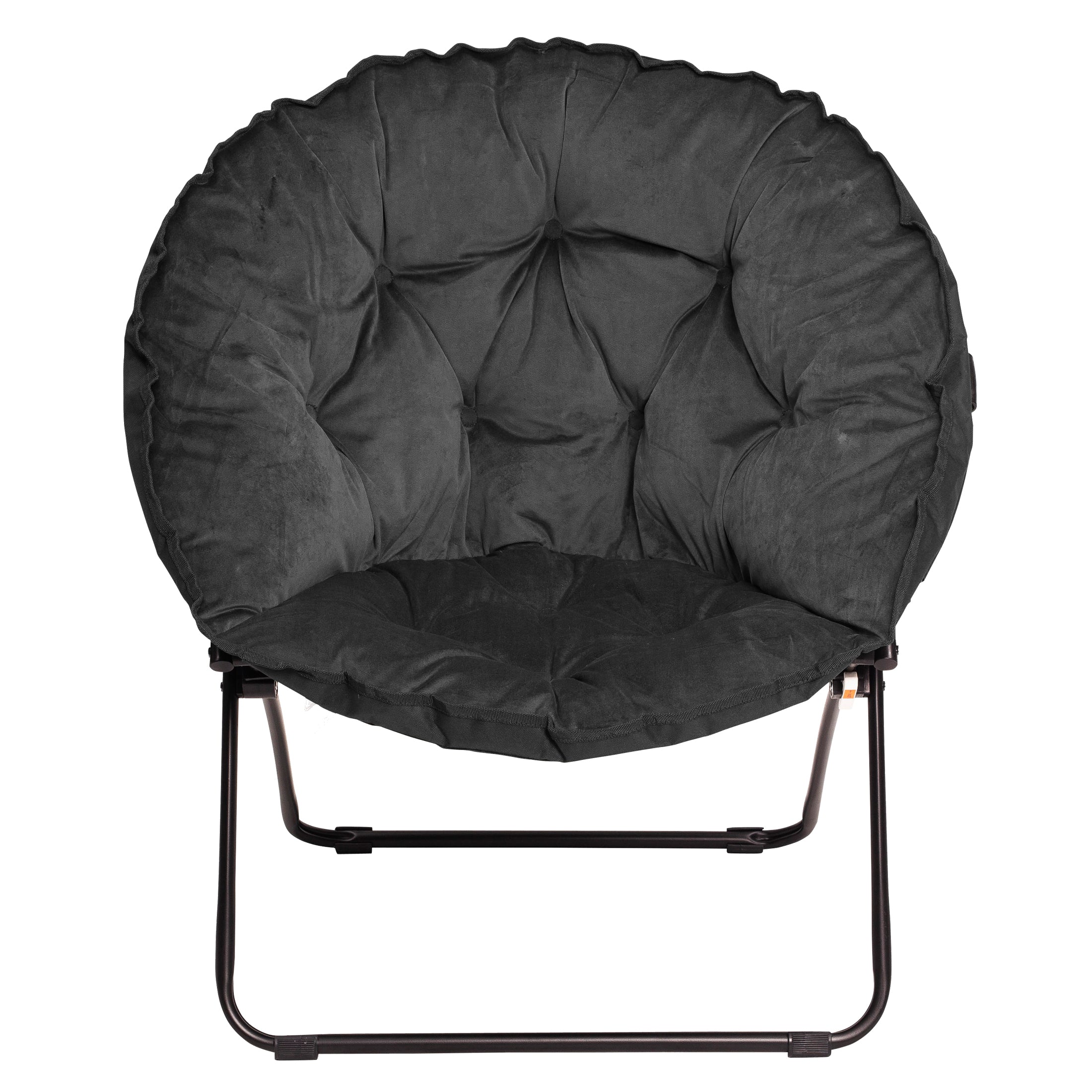 Zenithen Folding Round Chair with High Gloss Black Frame in Tufted Velvet Fabric, Black