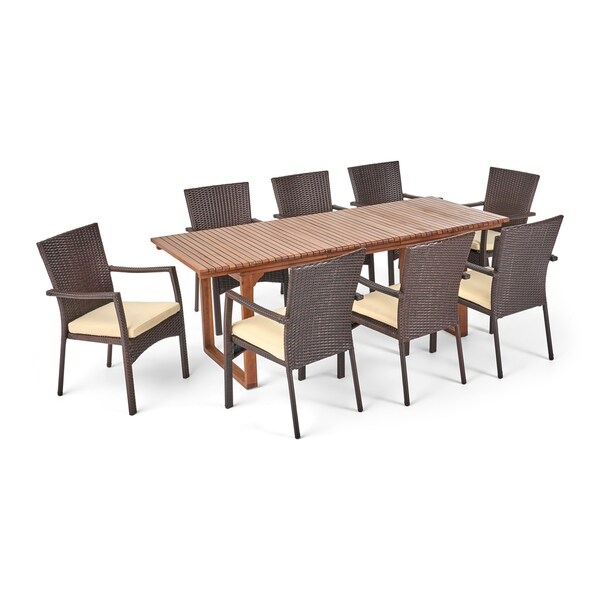 Villa Wood and Wicker 9piece Outdoor Expandable Table Dining Set by Christopher Knight Home