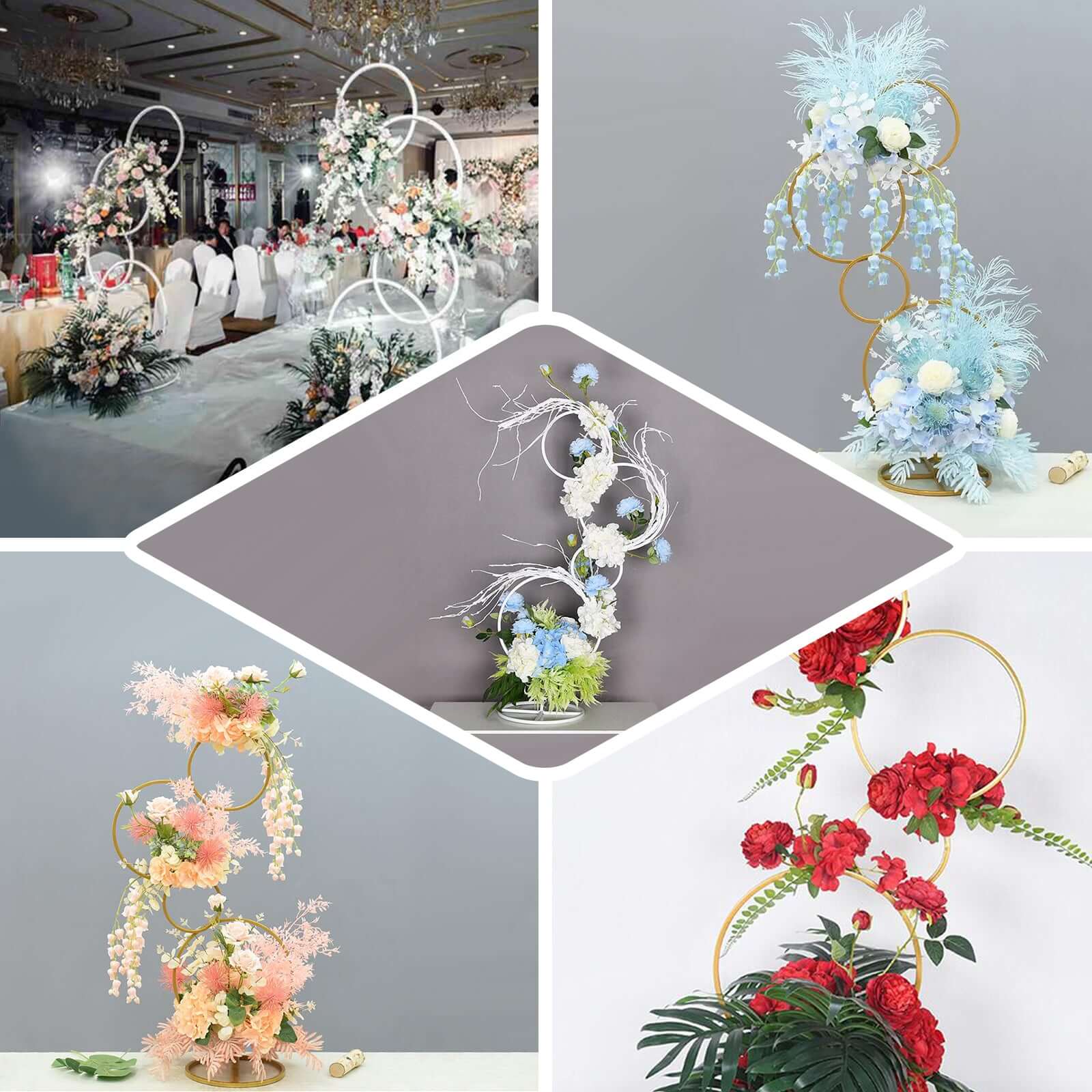 4-Tiered White Hoop Pillar Flower Stand, Metal Wedding Arch Table Centerpiece - Hoop Wreath 5ft