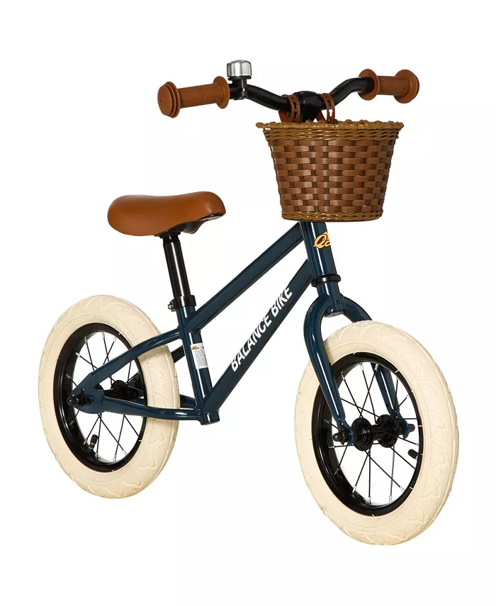 Qaba Kids Balance Bike with Basket， Adjustable Height Handlebars， Soft-Grip Push Bike with Bell， Rubber Tires， Skill-Improving Training Bike Ages 3-6， Little Kids Outdoor Toys