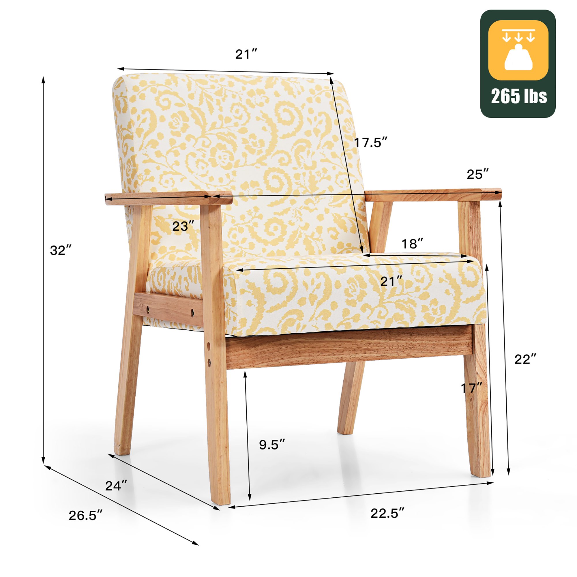 Costway Modern Accent Armchair Upholstered Lounge Chair with Rubber Wood Leg， Yellow Floral