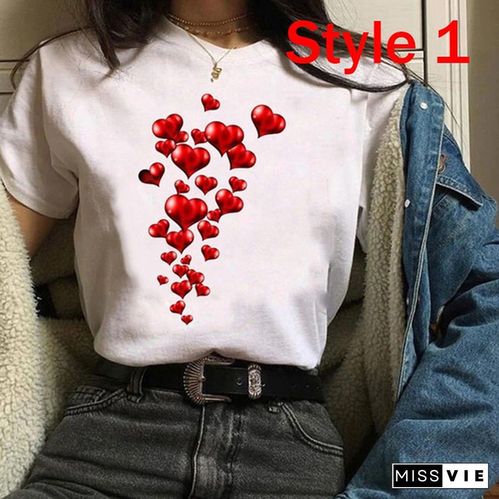 Women Clothes Lady Tees Graphic Printing Love Heart Sweet Valentine Cute Fashion Tops Female T Shirt Womens T-Shirt