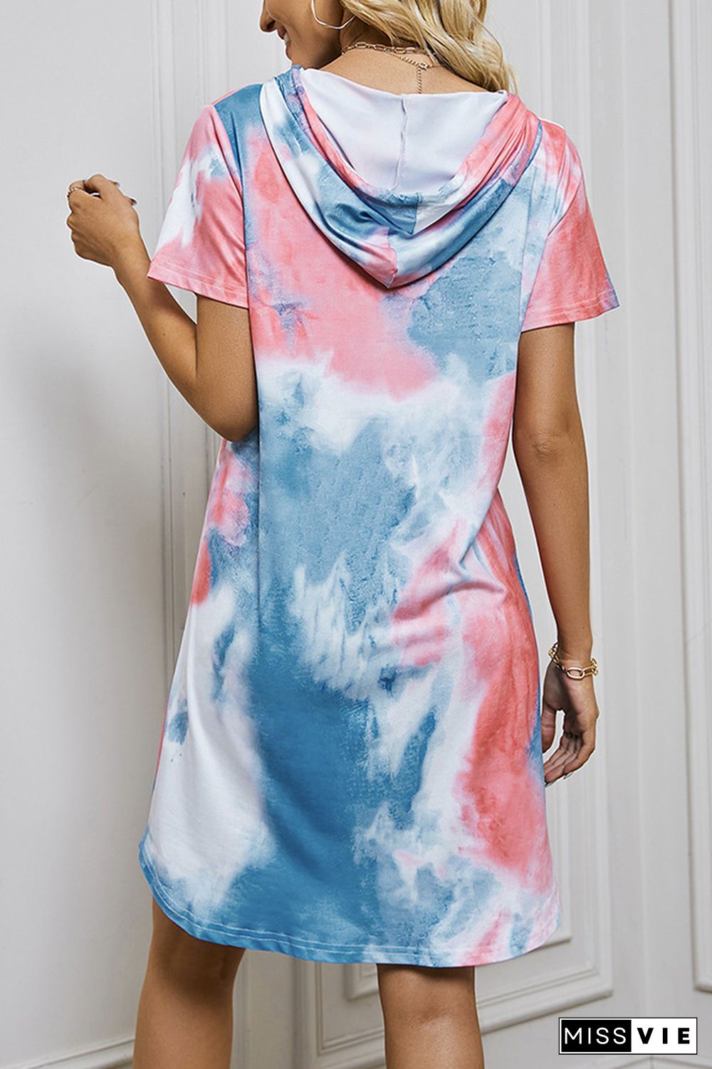 Blue Tie Dye Kangaroo Pocket Short Sleeves Hoodies Dress