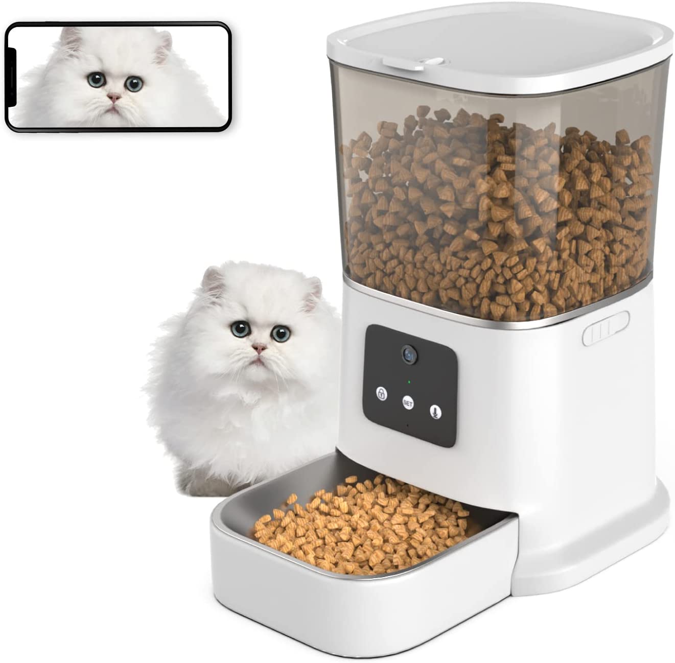 Automatic Cat Feeder with Camera， 6L WiFi Smart Pet Feeder with APP Control， Timed Dog Food Dispenser， Voice Recording， Stainless Steel Bowl， Up to 20 Portions 8 Meals Per Day