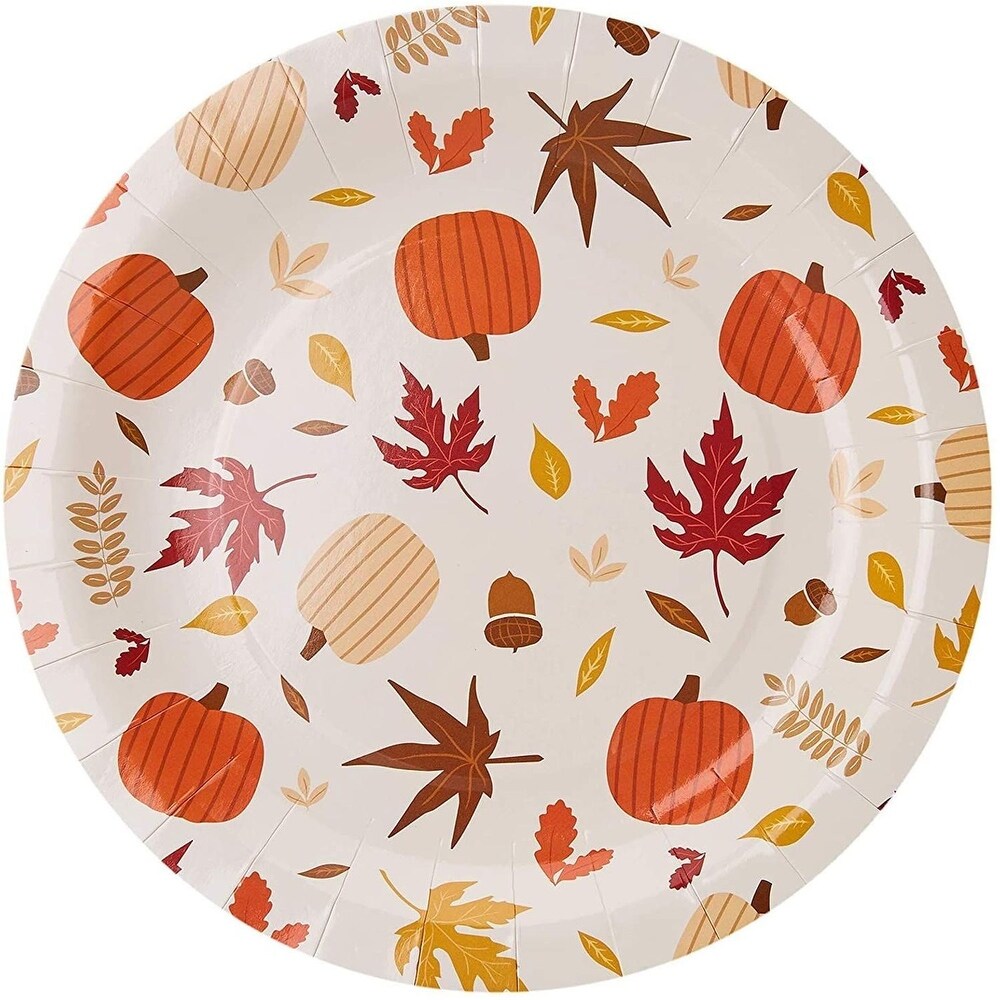 80 Count Disposable Paper Plates  Fall Foliage and Pumpkin Design  9 x 9 Inches