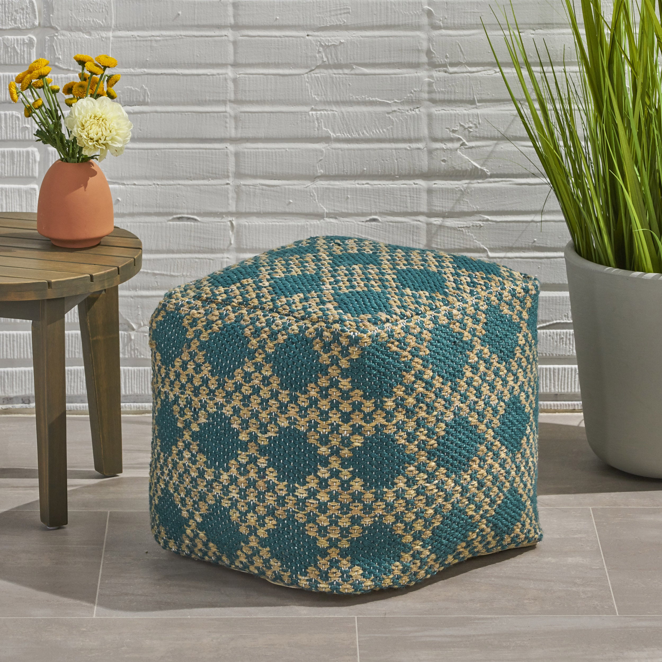 Mamie Boho Diamond Pattern Teal and Beige Yarn Cube Pouf