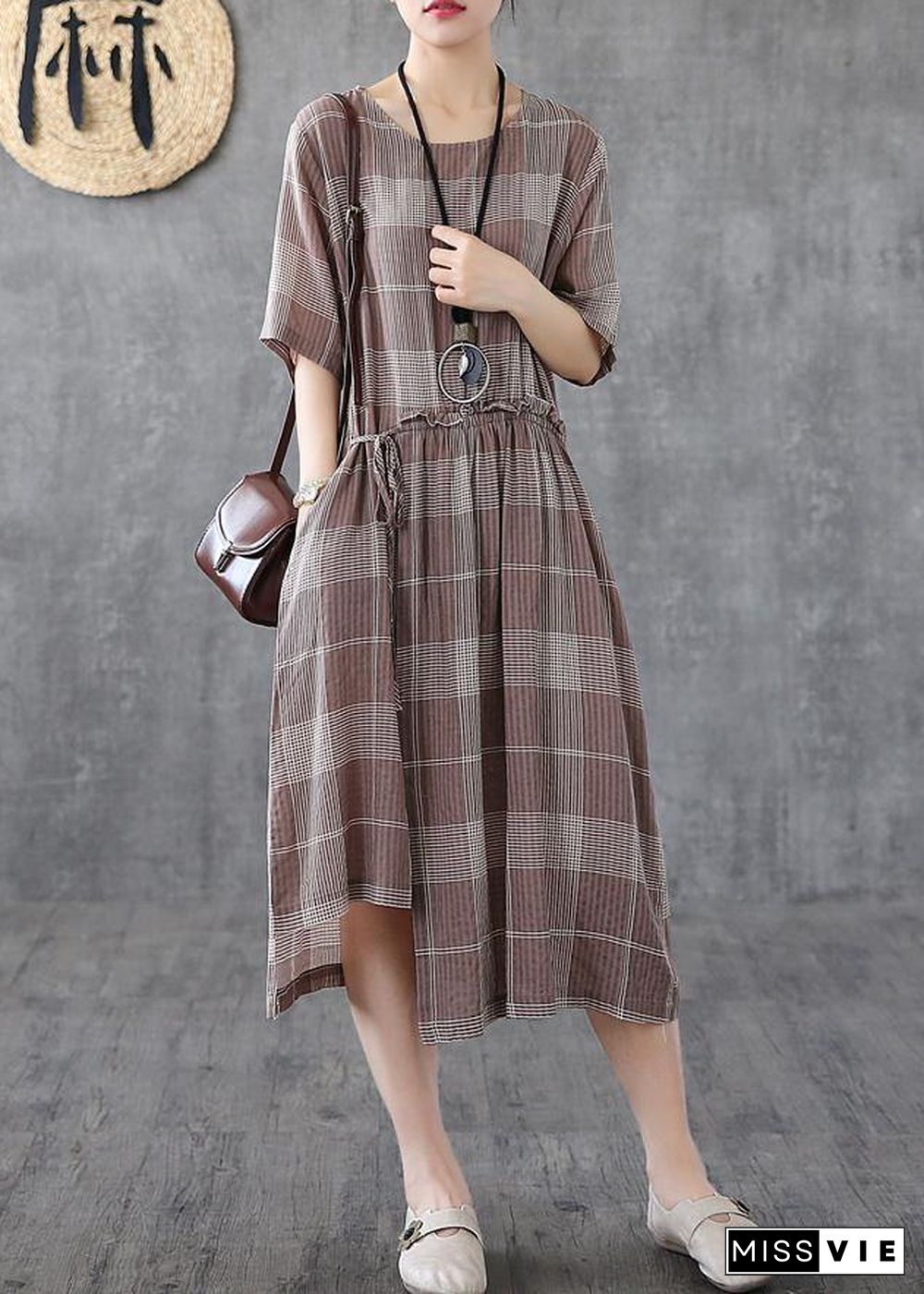 Loose light purple plaid cotton Robes o neck asymmetric Maxi Dress