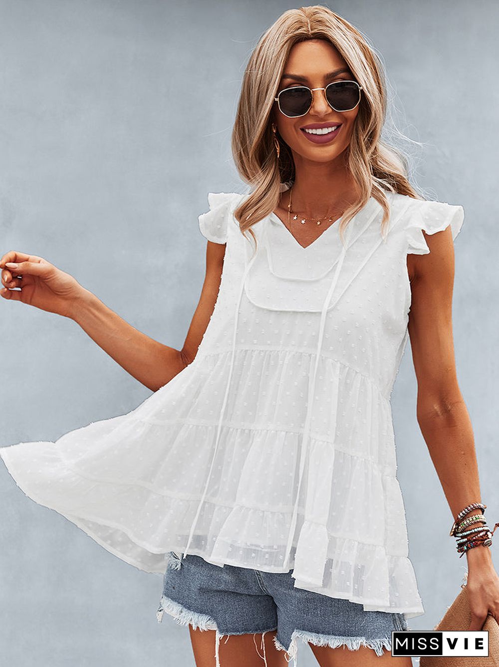 Ruffle Cap Sleeve V Neck Swiss Dot Tank Tops