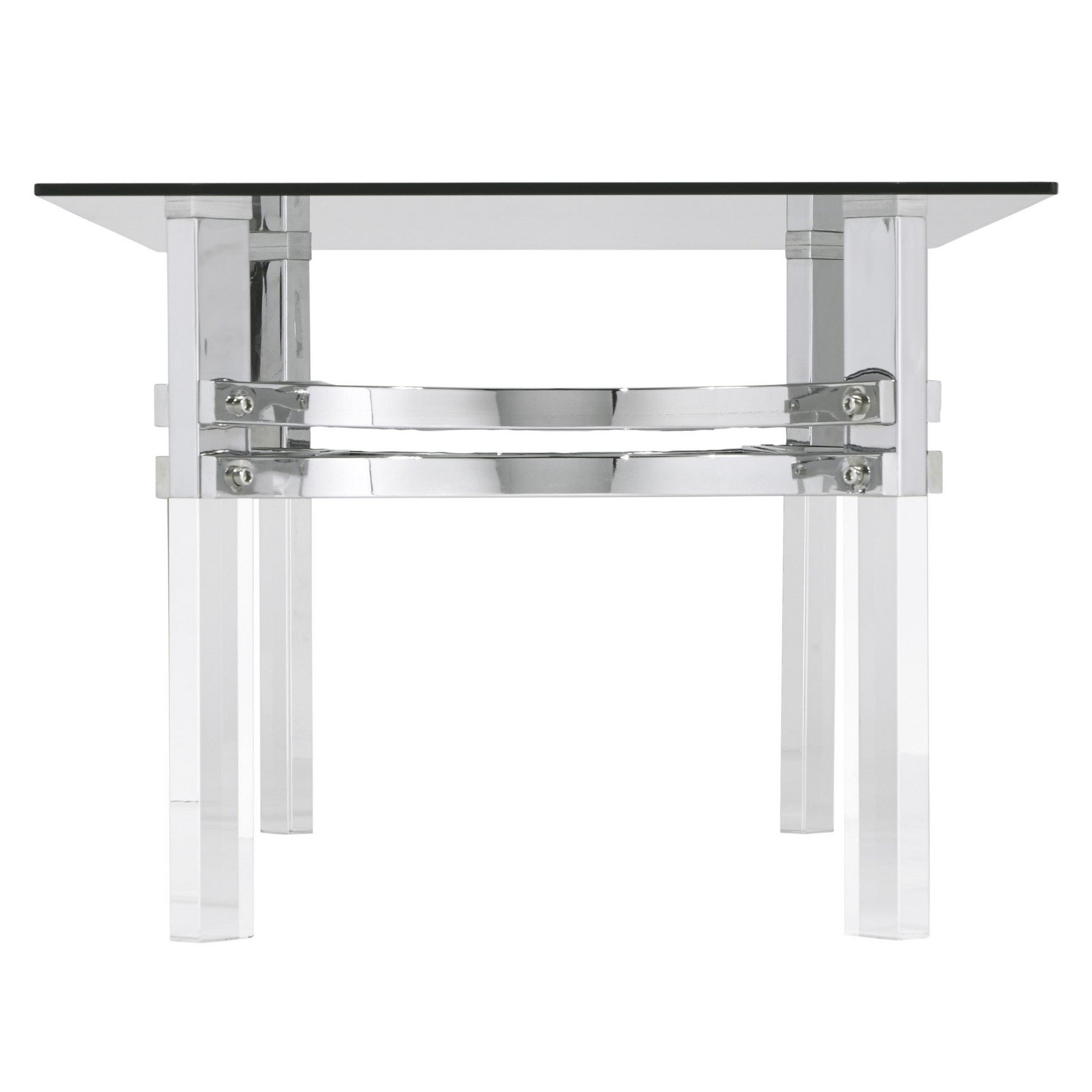 Benjara BM213340 Rectangular Glass Top Cocktail Table with Straight Acrylic Legs - Clear & Chrome - 18 x 47 x 23 in.