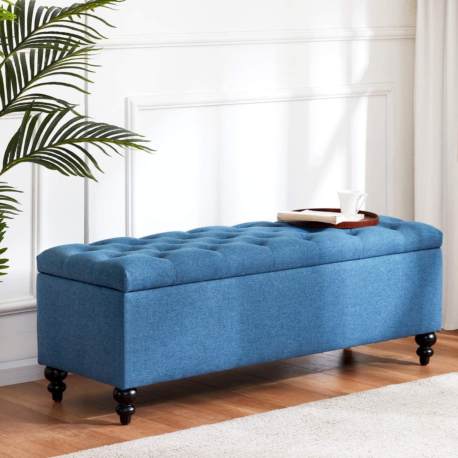 HUIMO Ottoman with Storage, 51-inch Large Storage Bench with Button-Tufted, Bedroom Bench Safety Hinge Ottoman in Upholstered Fabrics for Living Room (Blue)