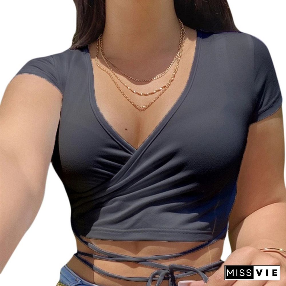 Women Fashion Solid Color Sexy V-neck Crop Tops Slim Fit Summer Short Sleeve Tank Top T Shirts