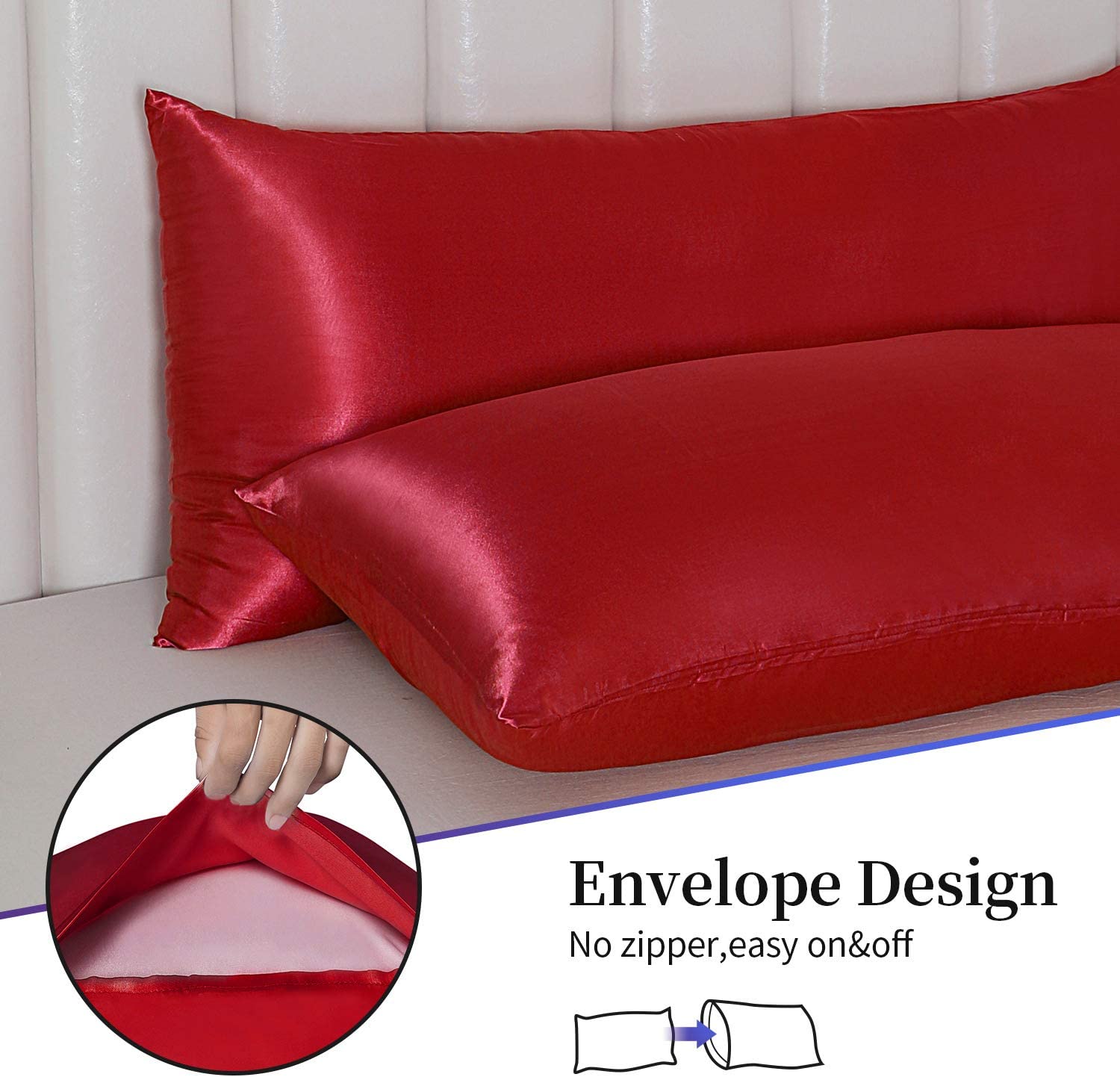 Satin Pillowcase for Hair and Skin, 2 pcs Silky Pillowcases with Envelop Closure