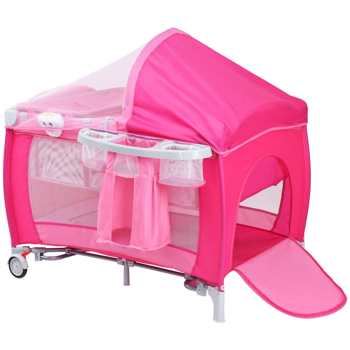 Costzon Nursery Center, 4 in 1 Pack and Play with Bassinet, Music, Detachable Mat, Awning, Mosquito Net