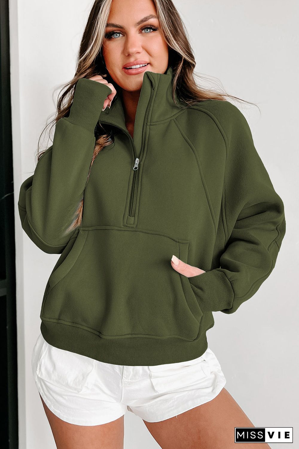 Green Zip Up Stand Collar Ribbed Thumbhole Sleeve Sweatshirt