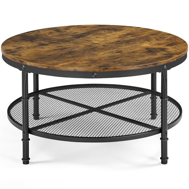 Yaheetech Round Coffee Table With Iron Mesh Storage Shelf For Living Room Rustic Brown