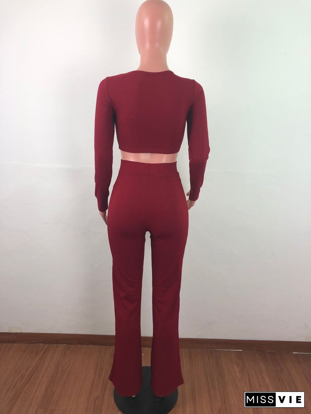 Solid Color Spring Women Knitted Long Sleeve O-neck Crop Top Wide Leg Pants Two Piece Set