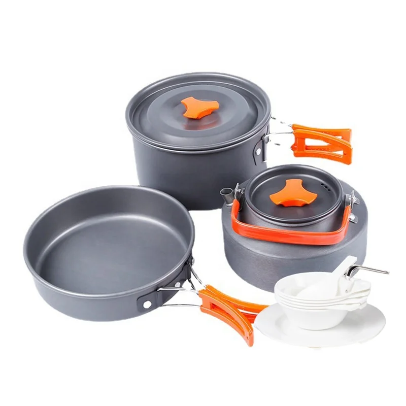 Outdoor Camping Tableware 1 2 Person Camping Cookware 4 In 1 Cooking Set