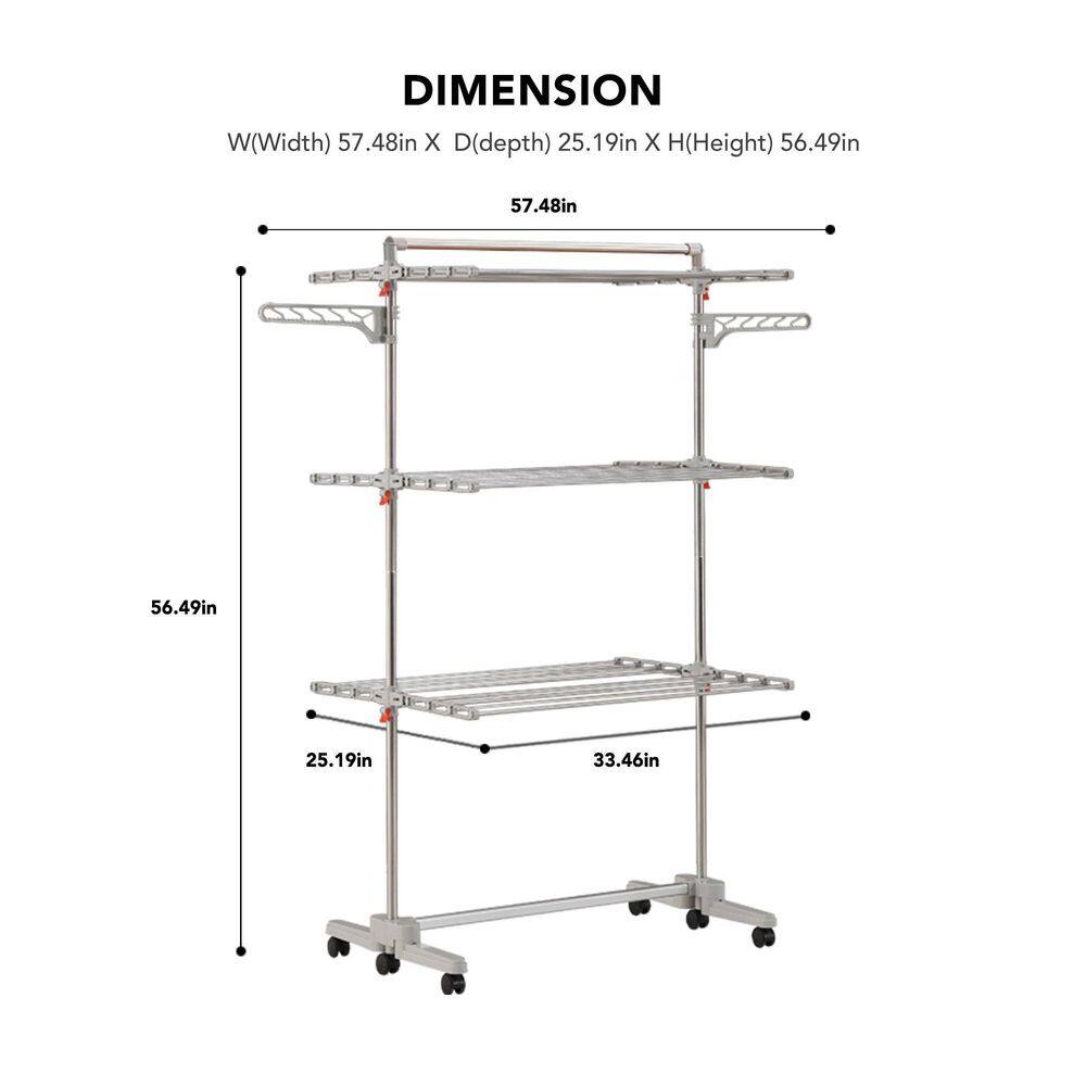 Hulife 57 12 in. x 56 12 in. 3-Tier Foldable Drying Garment Rack with Hanging Pole HLDR-6000P