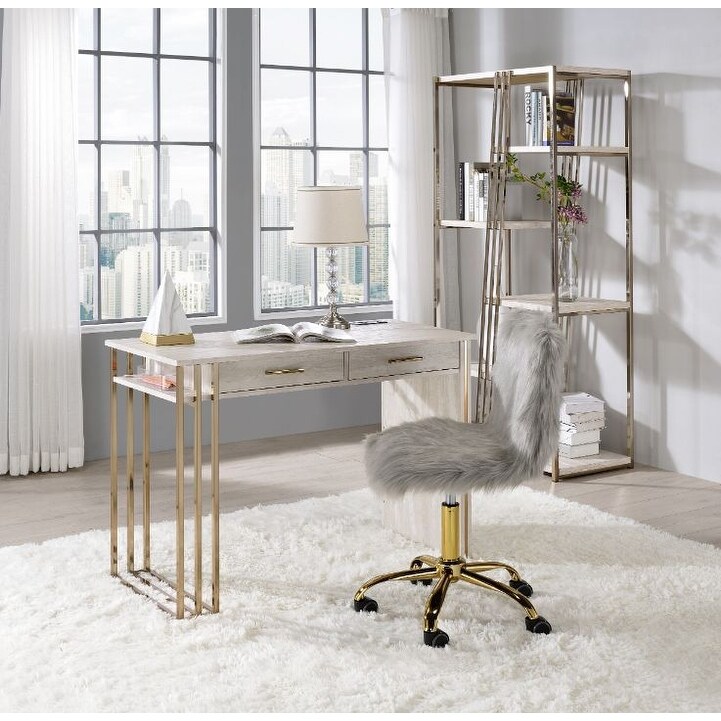 Contemporary Style Tyeid Built in USB Port Writing Desk  Antique White   Gold Finish  with 2 Storage Drawers   Metal Foot