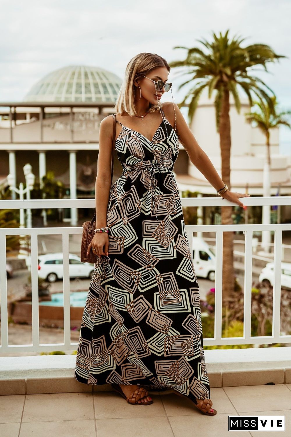 V-neck Sleeveless Sling Print Dress