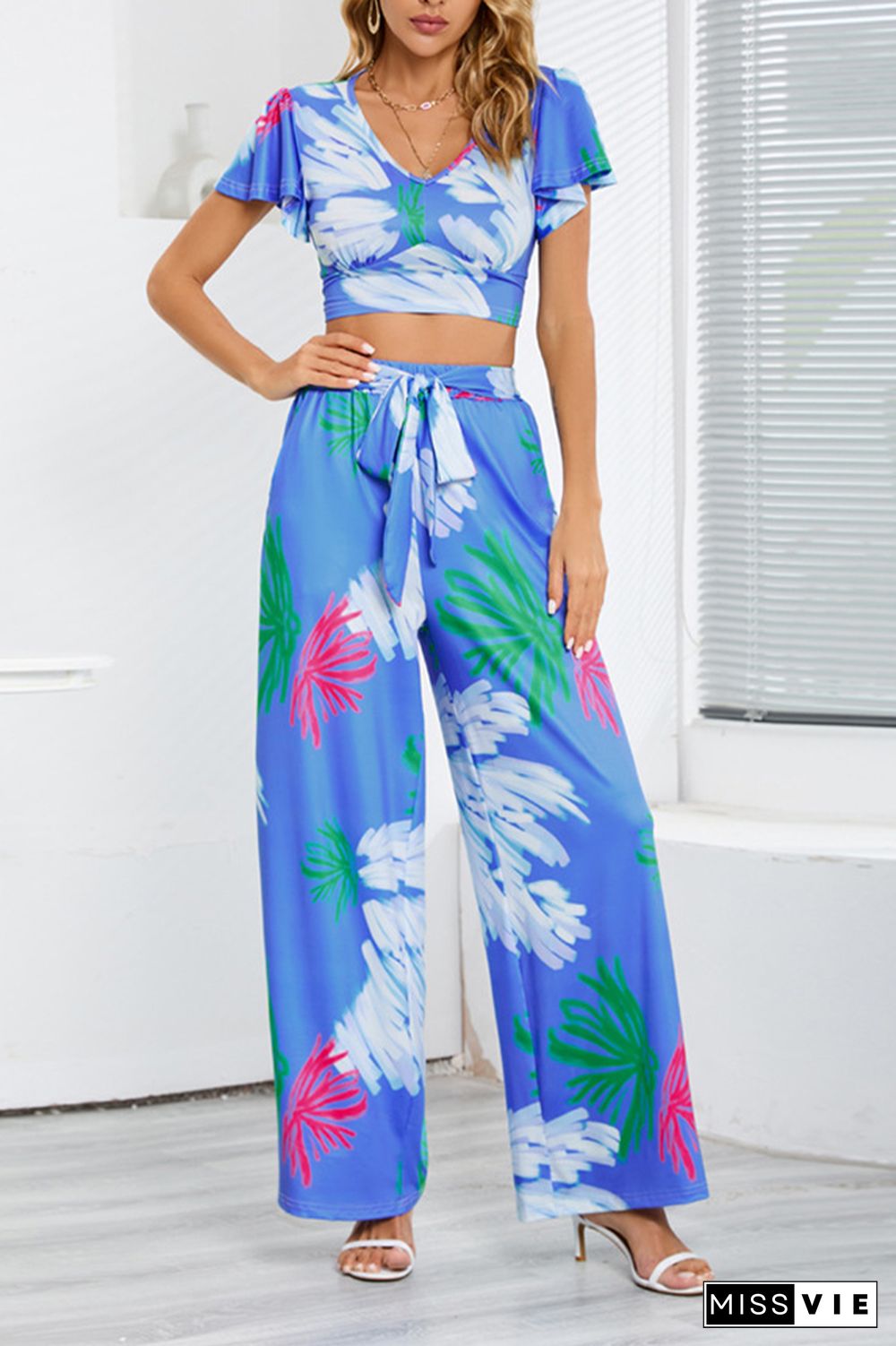 Leaf Print Crop Top and Wide Leg Pants Two Pieces Set