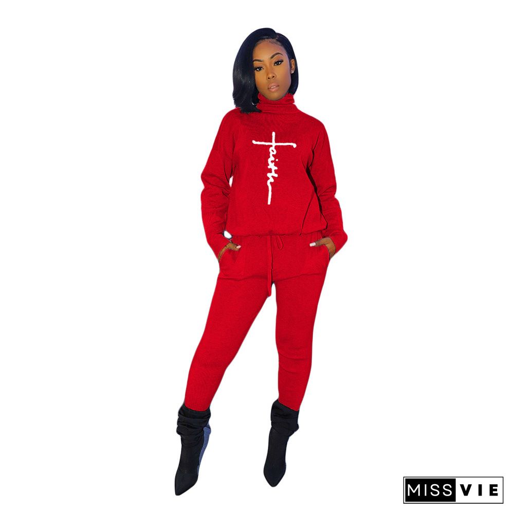 Faith Letter Turtleneck Long Sleeve T-shirt and Pants Suit