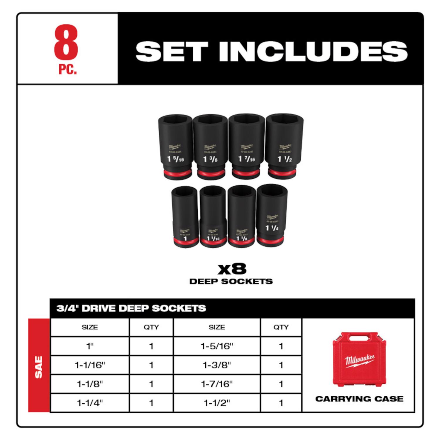 MW Shockwave 1-3/8 in. X 3/4 in. drive SAE 6 Point Deep Impact Socket Set 8 pc