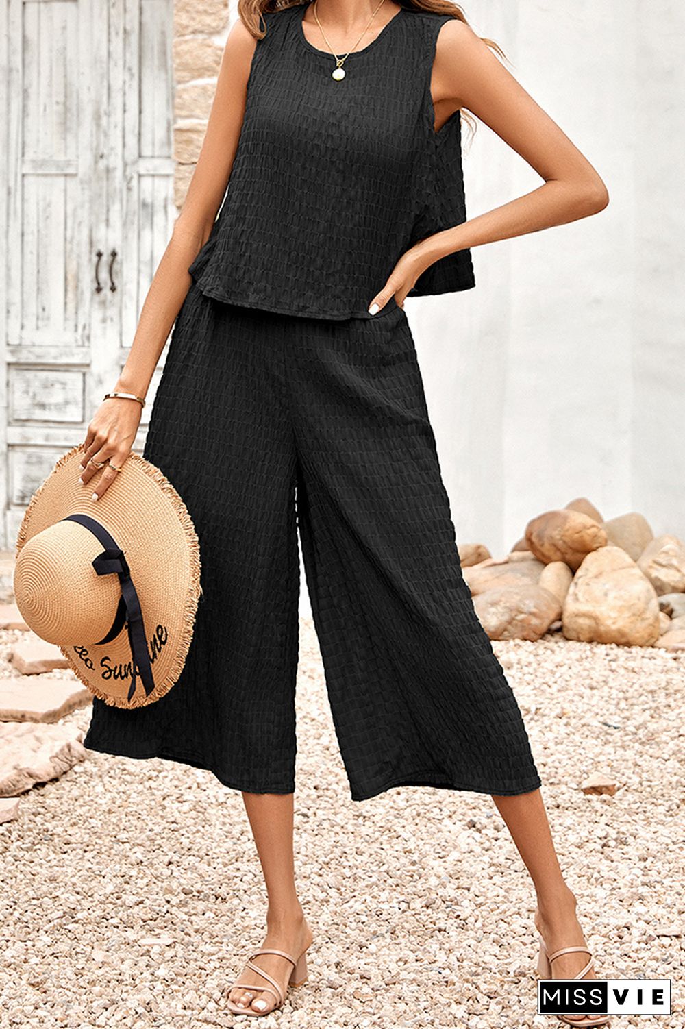 Frilled Texture Sleeveless Tank with Wide Leg Pants Jumpsuit