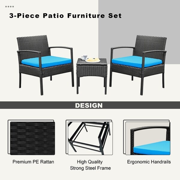 Outdoor Furniture 3 Piece Patio Bistro Furniture Set，Rattan Conversation Chairs Set with Side Table and Cushions