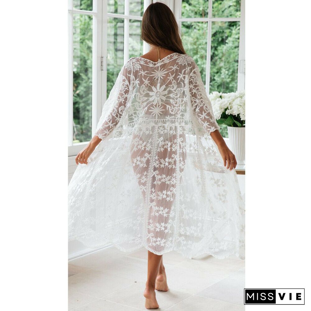 Fashion Embroidery Dress Summer Women Lace Long Maxi Dress Beach Ladies Dresses White Floral Lace Evening Party Dresses Sundress