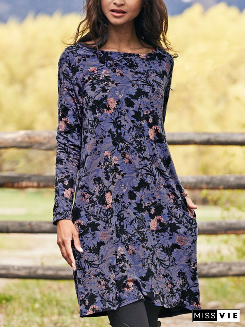 Casual Long Sleeve Round Neck Plus Size Printed Dress