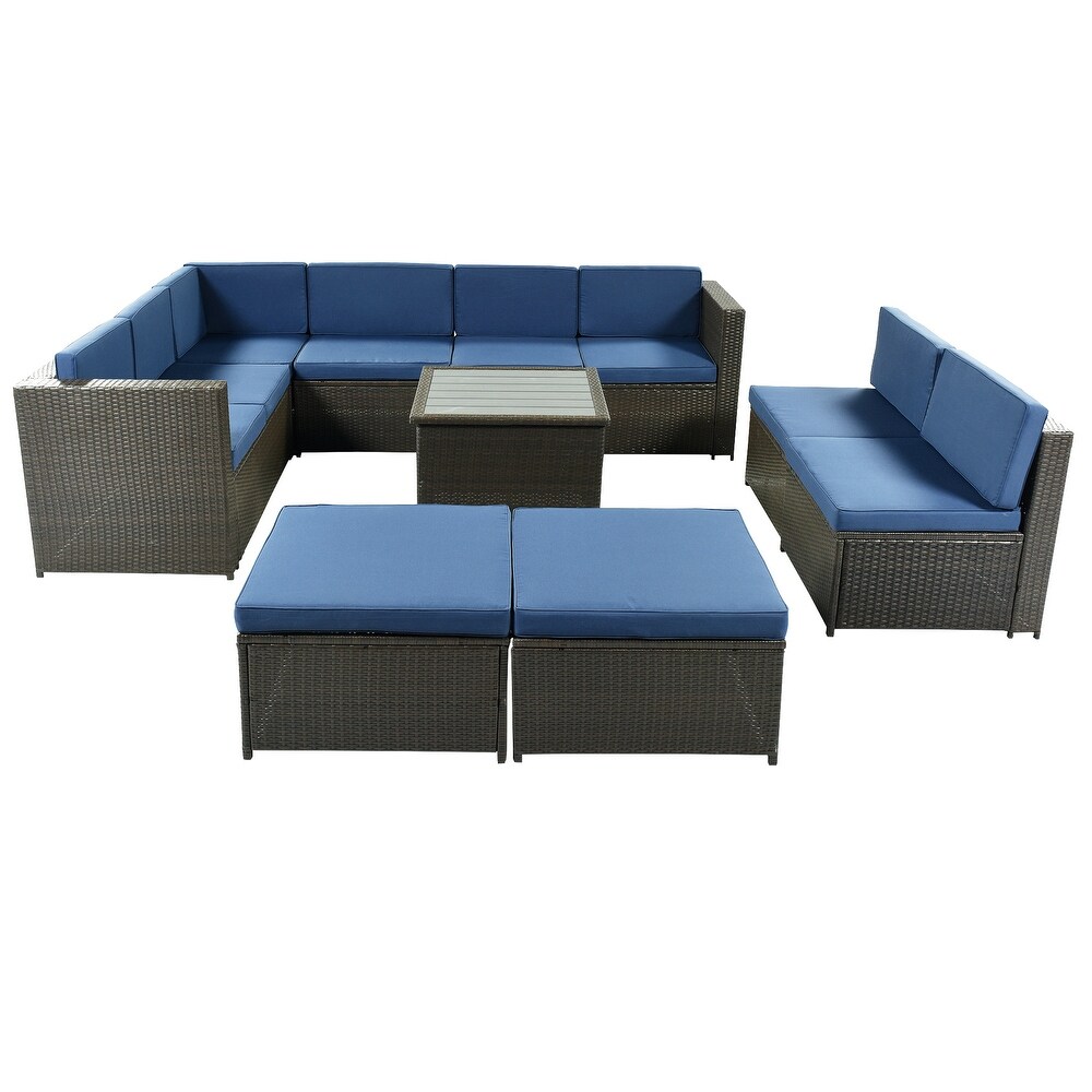 9 Piece Rattan Sectional Seating Group with Cushions and Ottoman