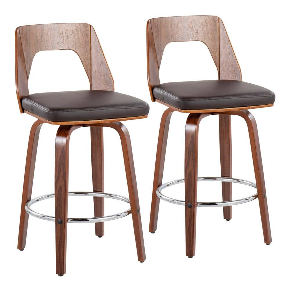 Lumisource Trilogy 34.5 in. Counter Height Bar Stool in Brown Fraux Leather and Walnut Wood (Set of 2) B24-TRILO2-SWVR WLBN2