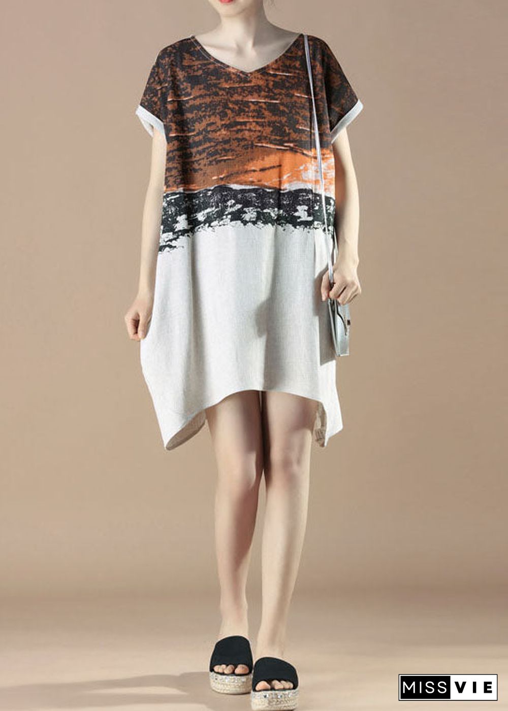 Unique Orange V Neck Print Patchwork Cotton Dress Summer