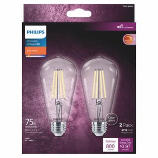 Philips 75-Watt Equivalent ST19 Clear Glass Dimmable E26 Vintage Edison LED Light Bulb Soft White with Warm Glow 2700K (2-Pack) 574004