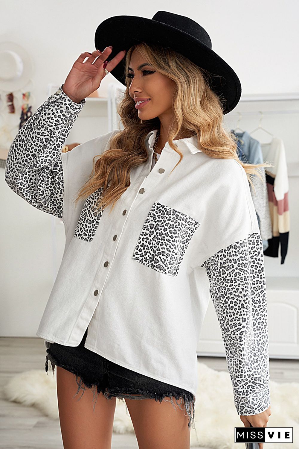 White Contrast Leopard Denim Jacket