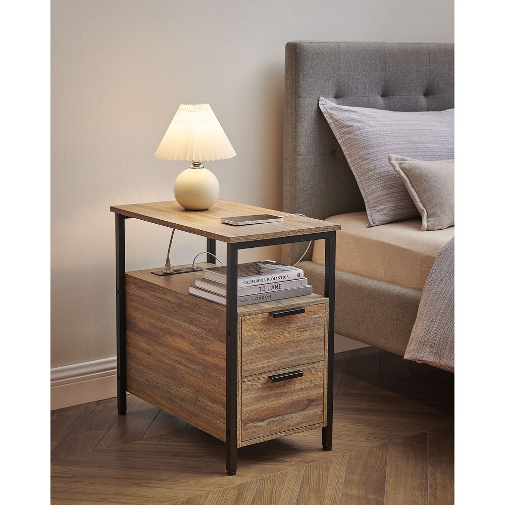 Slim Side Table Nightstand End Table with 2 Drawers and Charging Station for Small Spaces   23.6” x 13.8” x 24”