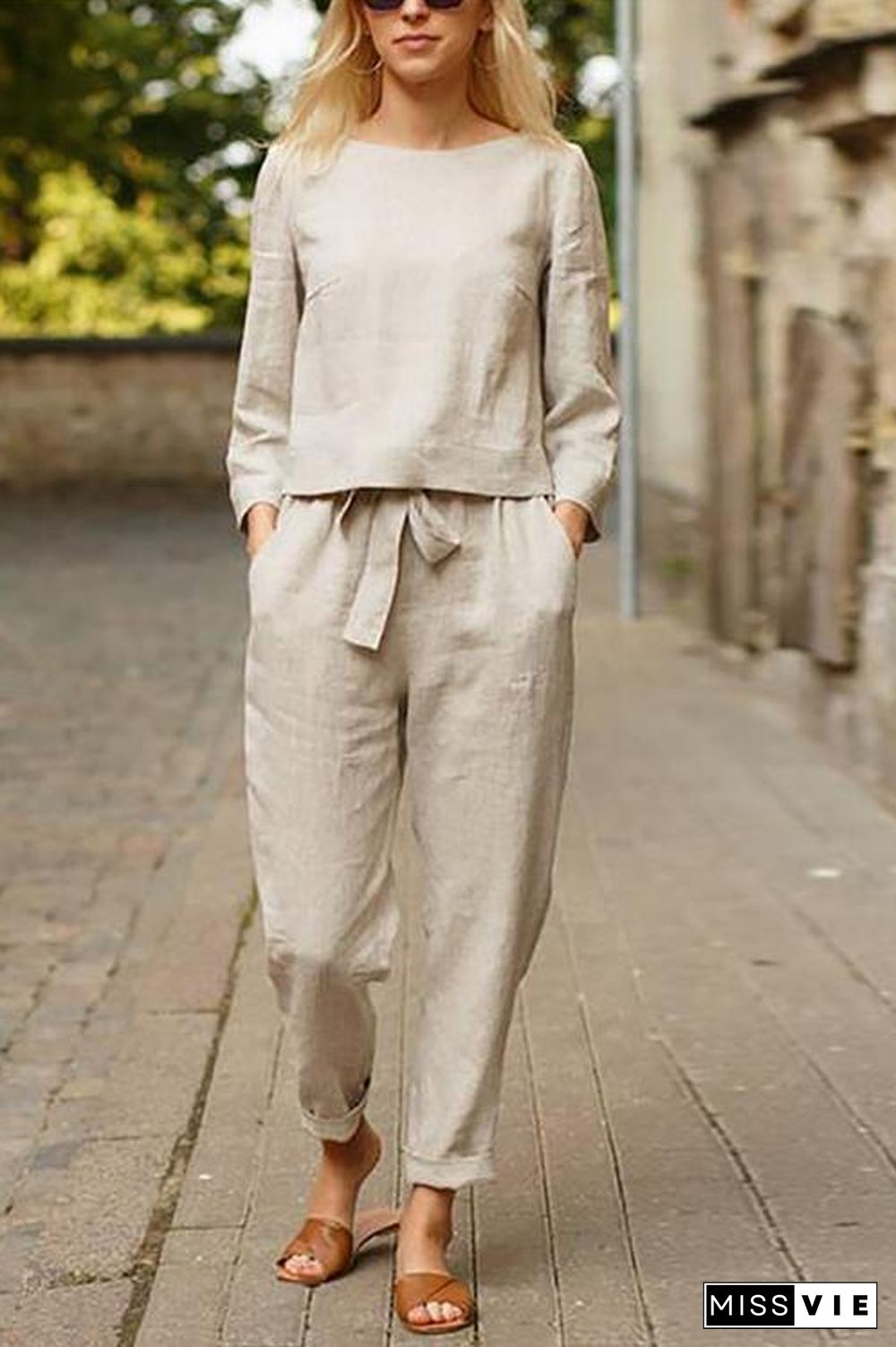 Linen O Neck Long Sleeve Pants Set