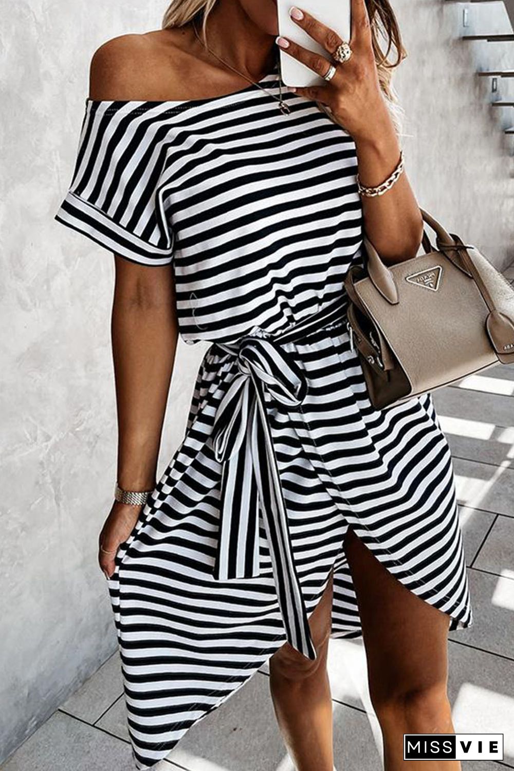 Black Stripe Short Sleeve Belted Wrapped Hemline T-Shirt Dress